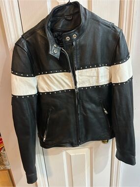 Unik Black Leather Jacket with White Stripe and Studs